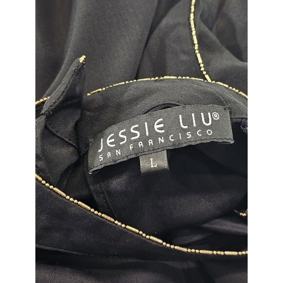JESSIE LIU‎ Women's L Black Silk Gold Beaded Gusset Choker ALine Dress EUC - Picture 8 of 9